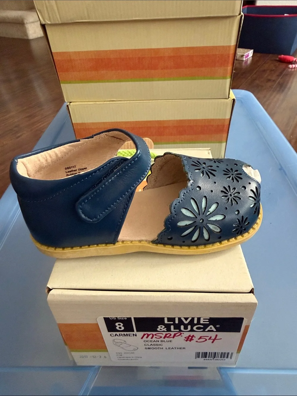 Livie & Luca Navy Floral Cutout Leather Sandal with Yellow Sole